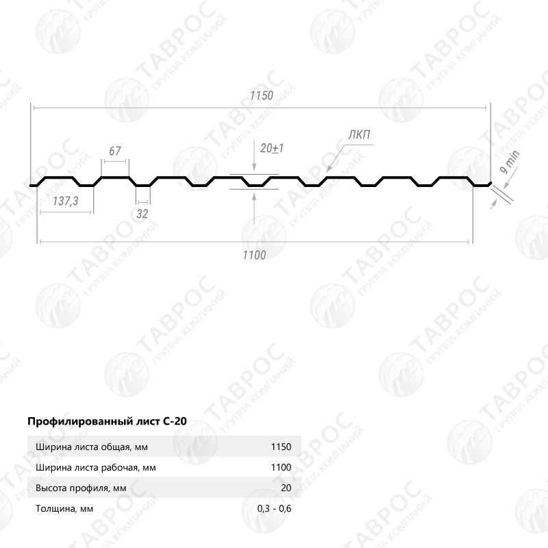 Профнастил С-20 Гладкий полиэстер RAL 9003 (Белый) 2500*1150*0,5 двухсторонний