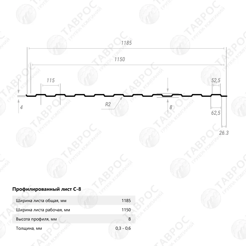 Профнастил С-8 Гладкий полиэстер RAL 9003 (Белый) 1800*1185*0,5 односторонний